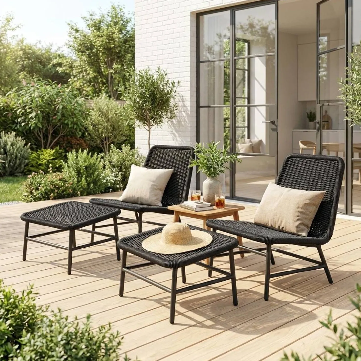 Loungestoel en voetenbankje voor buiten (set van 2)