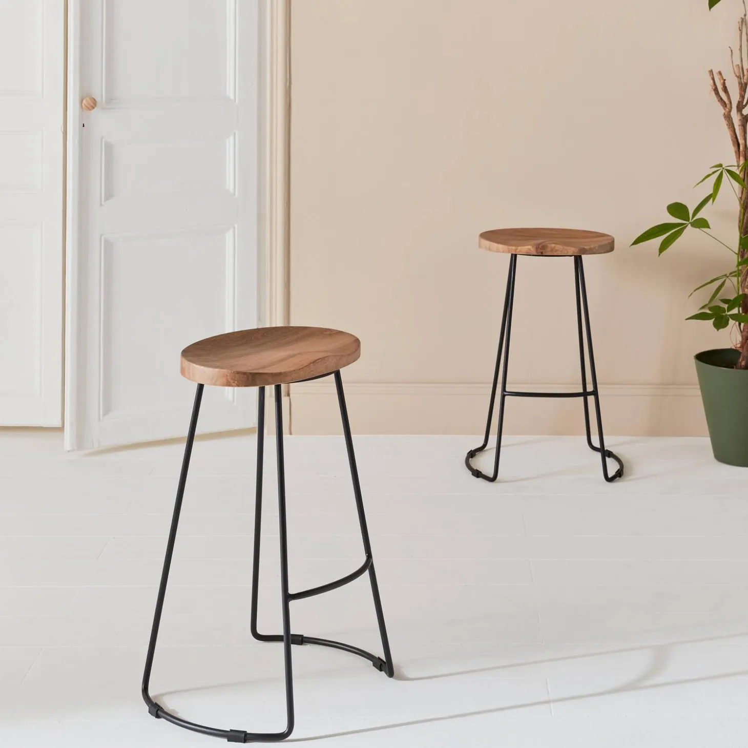 Mangohout en stalen barkruk, voetensteun, 65cm (set van 2)