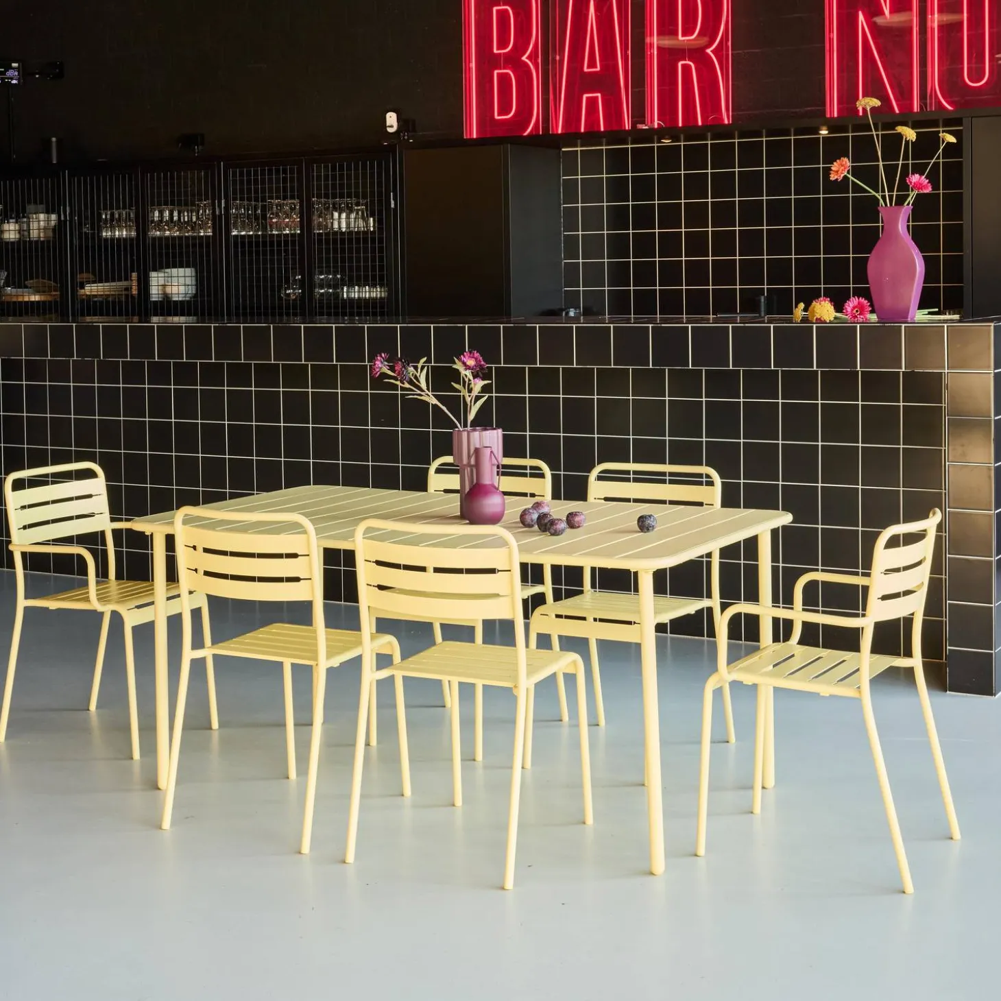 Metalen tuintafel + 6 stoelen, waarvan 2 met armleuning