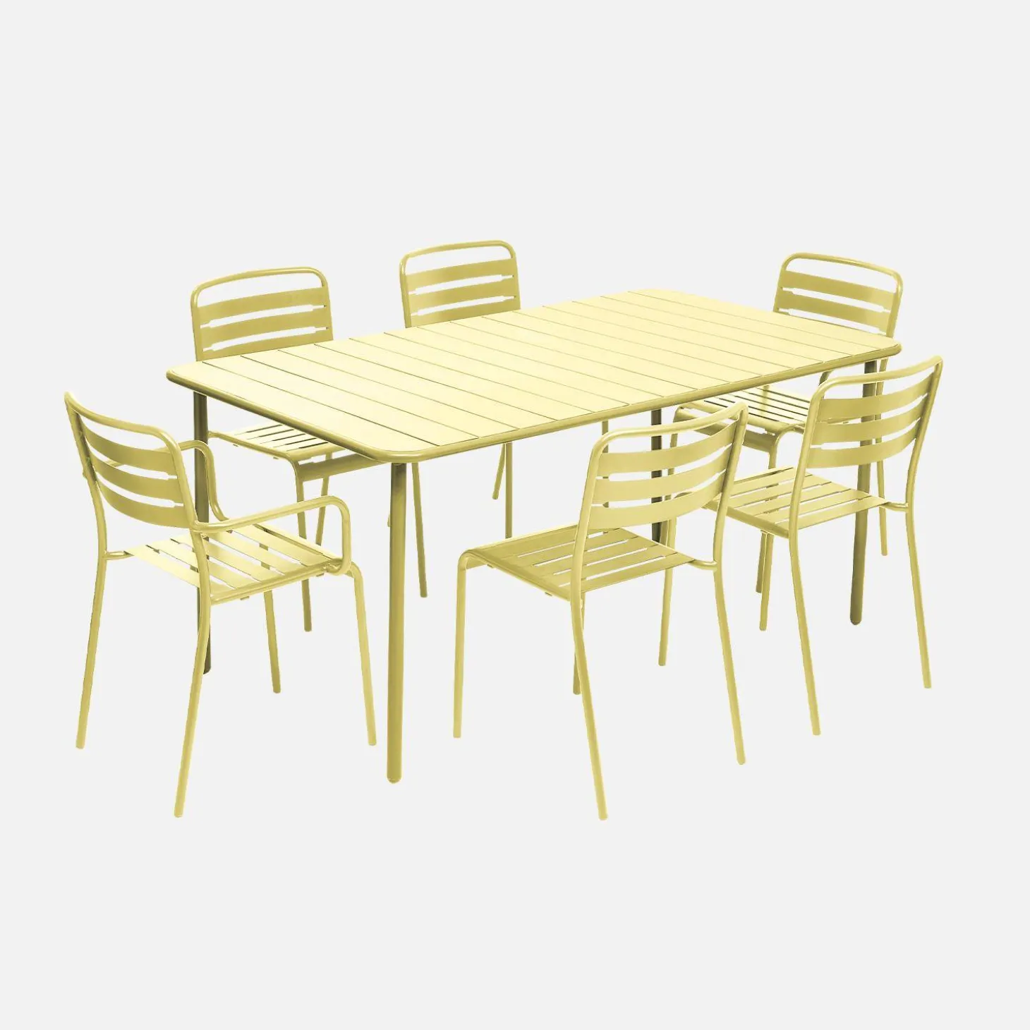 Metalen tuintafel + 6 stoelen, waarvan 2 met armleuning