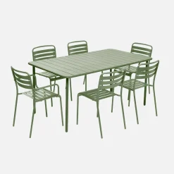 Metalen tuintafel + 6 stoelen, waarvan 2 met armleuning