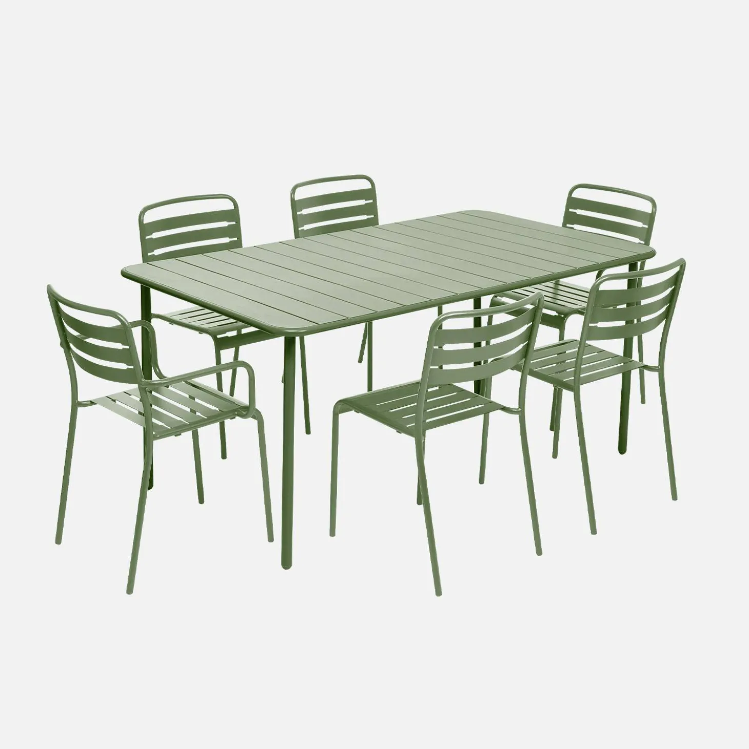 Metalen tuintafel + 6 stoelen, waarvan 2 met armleuning
