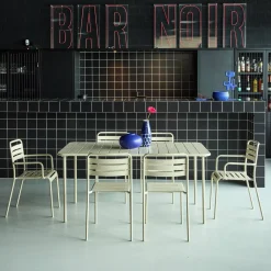Metalen tuintafel + 6 stoelen, waarvan 2 met armleuning