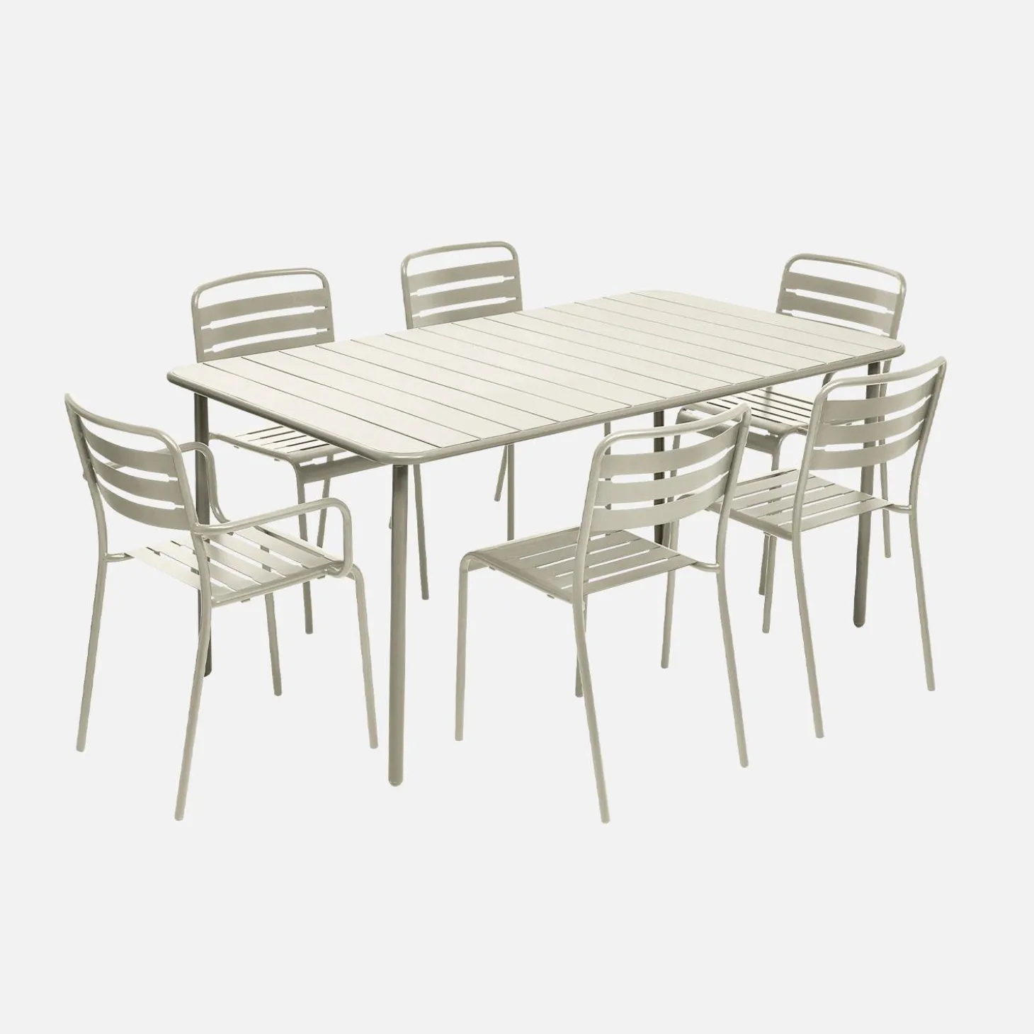 Metalen tuintafel + 6 stoelen, waarvan 2 met armleuning