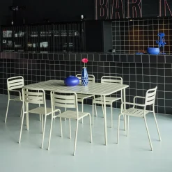 Metalen tuintafel + 6 stoelen, waarvan 2 met armleuning