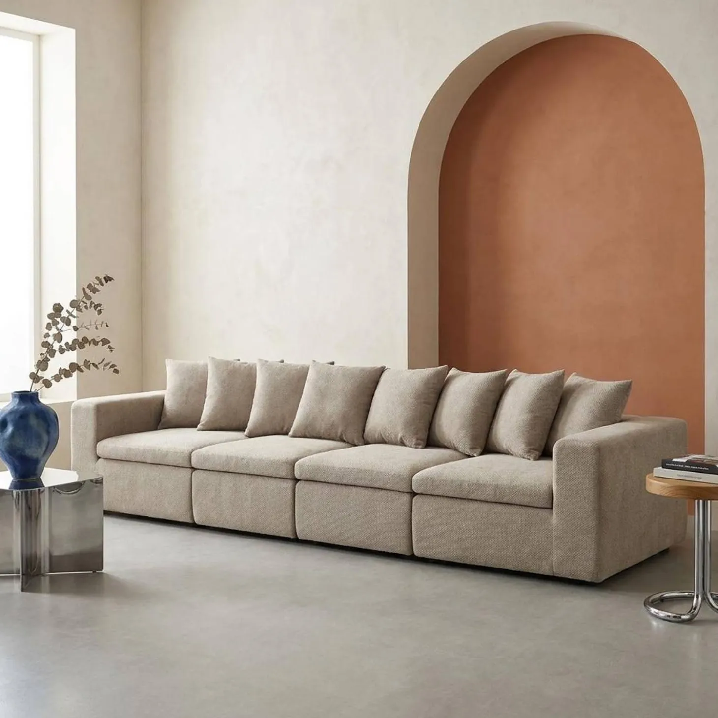 Modulaire bank van chenille stof met 5 zitplaatsen