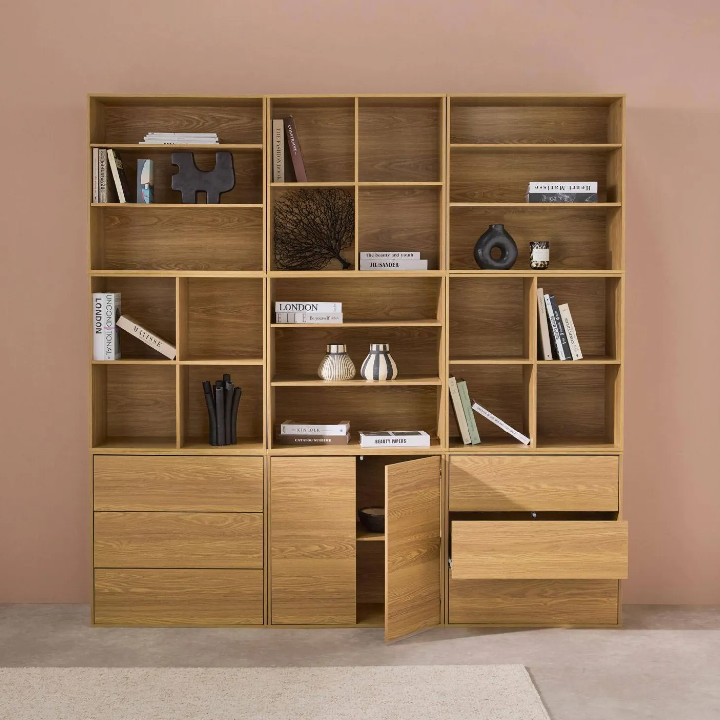 Modulaire opbergmodule houtdecor 9 modules - 2 deuren 6 lades