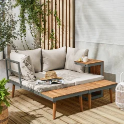 Modulaire tuinset in aluminium en acacia, 4 zitplaatsen