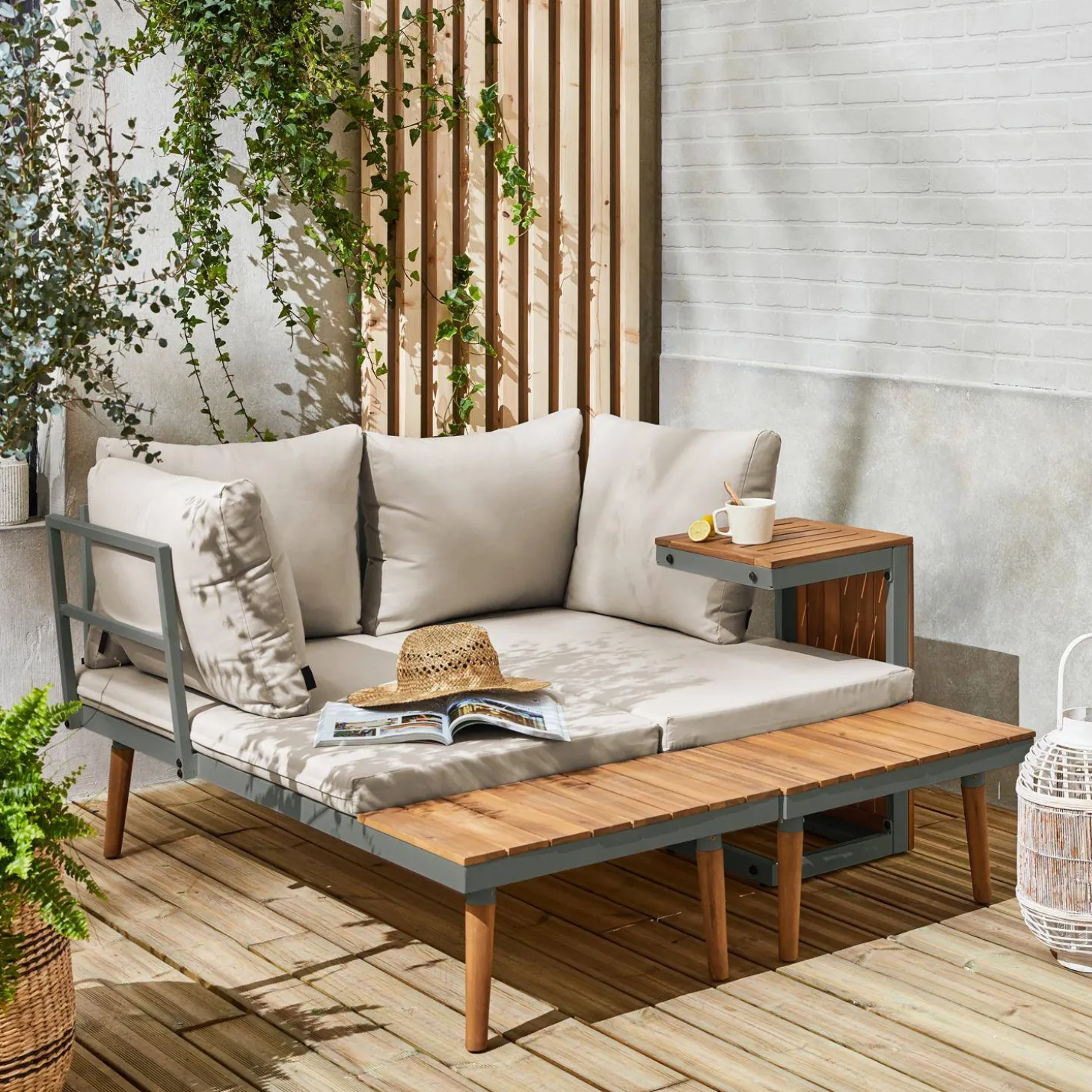 Modulaire tuinset in aluminium en acacia, 4 zitplaatsen