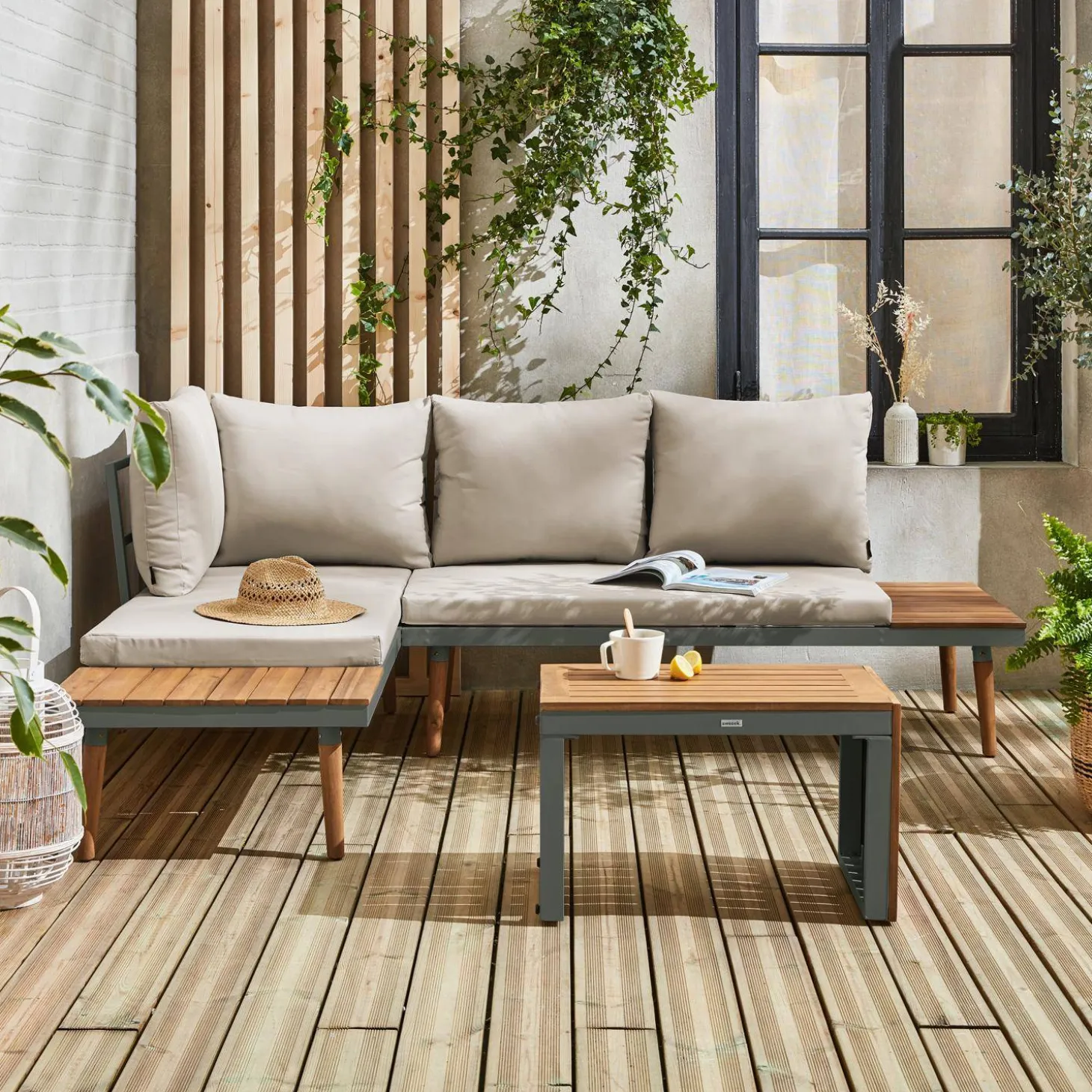 Modulaire tuinset in aluminium en acacia, 4 zitplaatsen