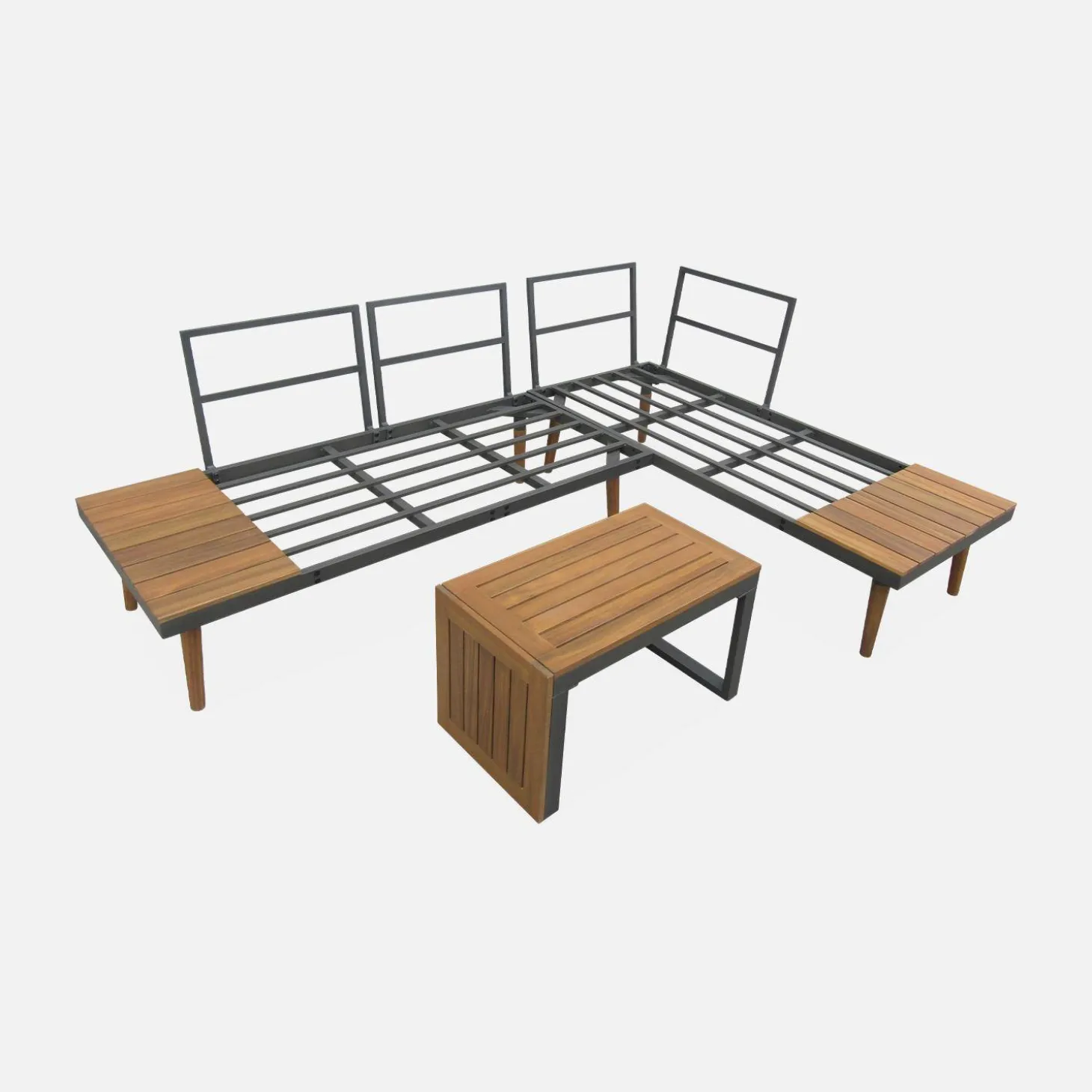 Modulaire tuinset in aluminium en acacia, 4 zitplaatsen