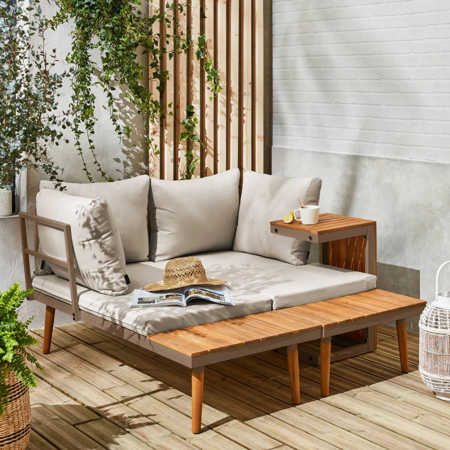 Modulaire tuinset in aluminium en acacia, 4 zitplaatsen