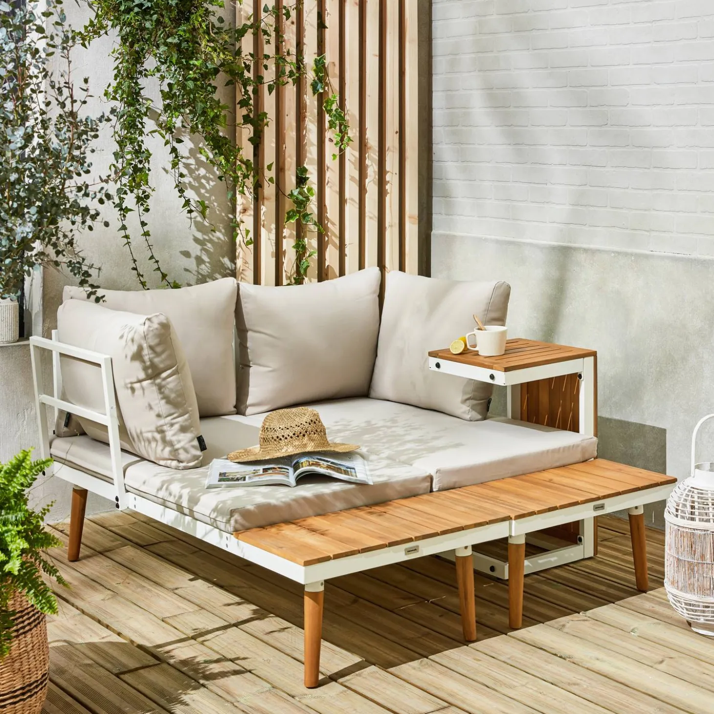 Modulaire tuinset in aluminium en acacia, 4 zitplaatsen