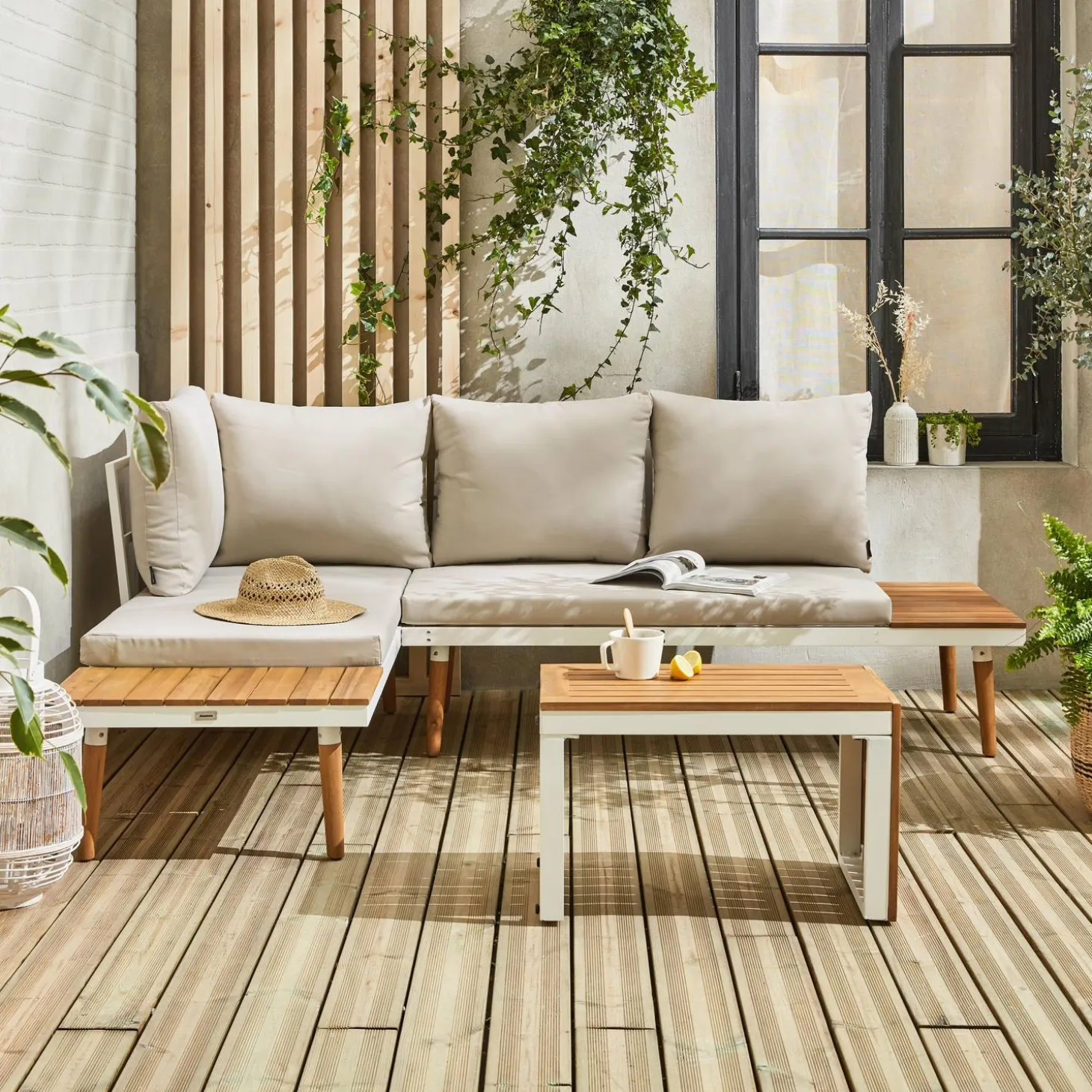 Modulaire tuinset in aluminium en acacia, 4 zitplaatsen