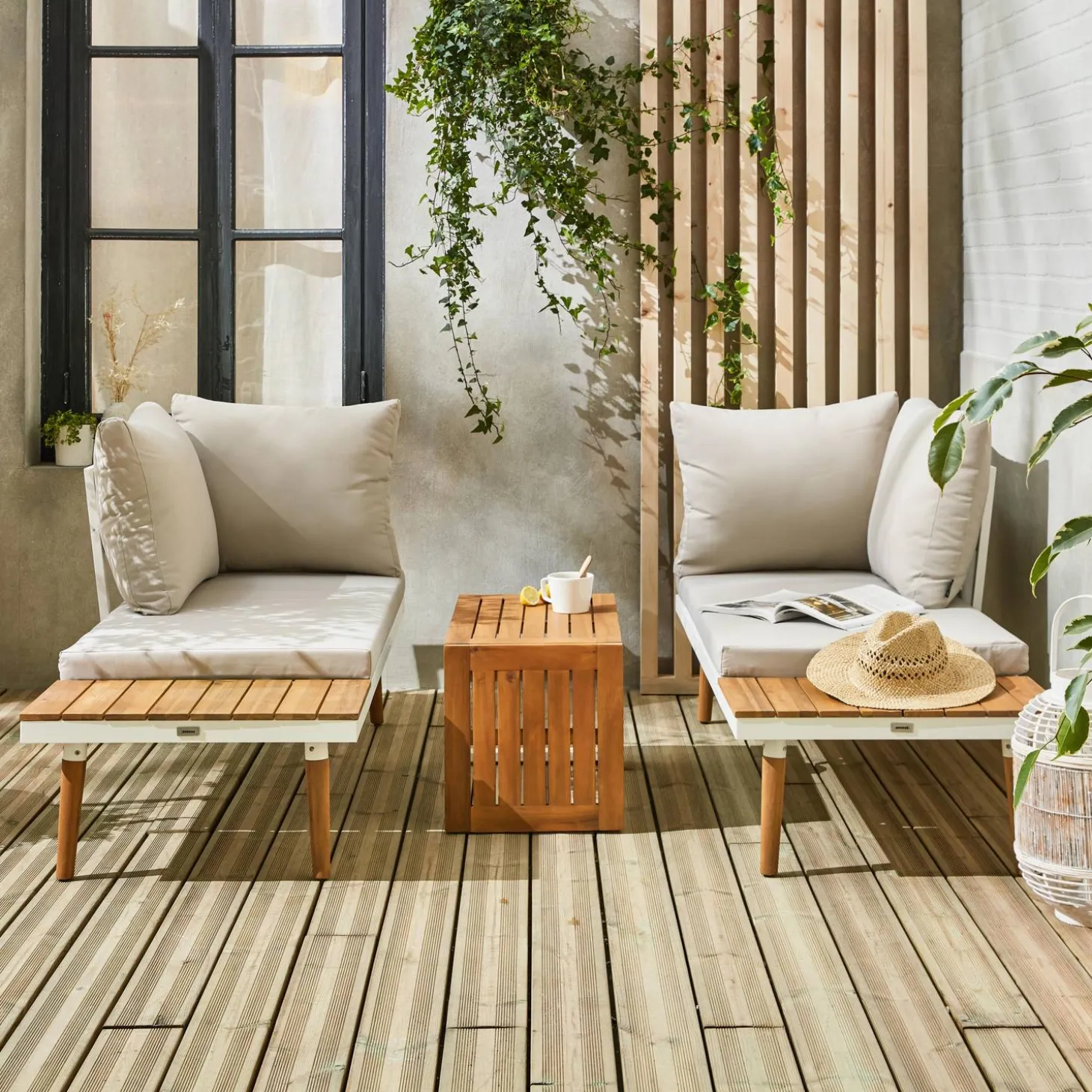 Modulaire tuinset in aluminium en acacia, 4 zitplaatsen