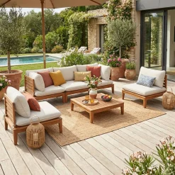 Modulaire 5-zits loungeset van hout met bouclé-effect