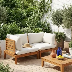 Modulaire 2-zits tuinbank van hout en bouclé-effect met armleuningen