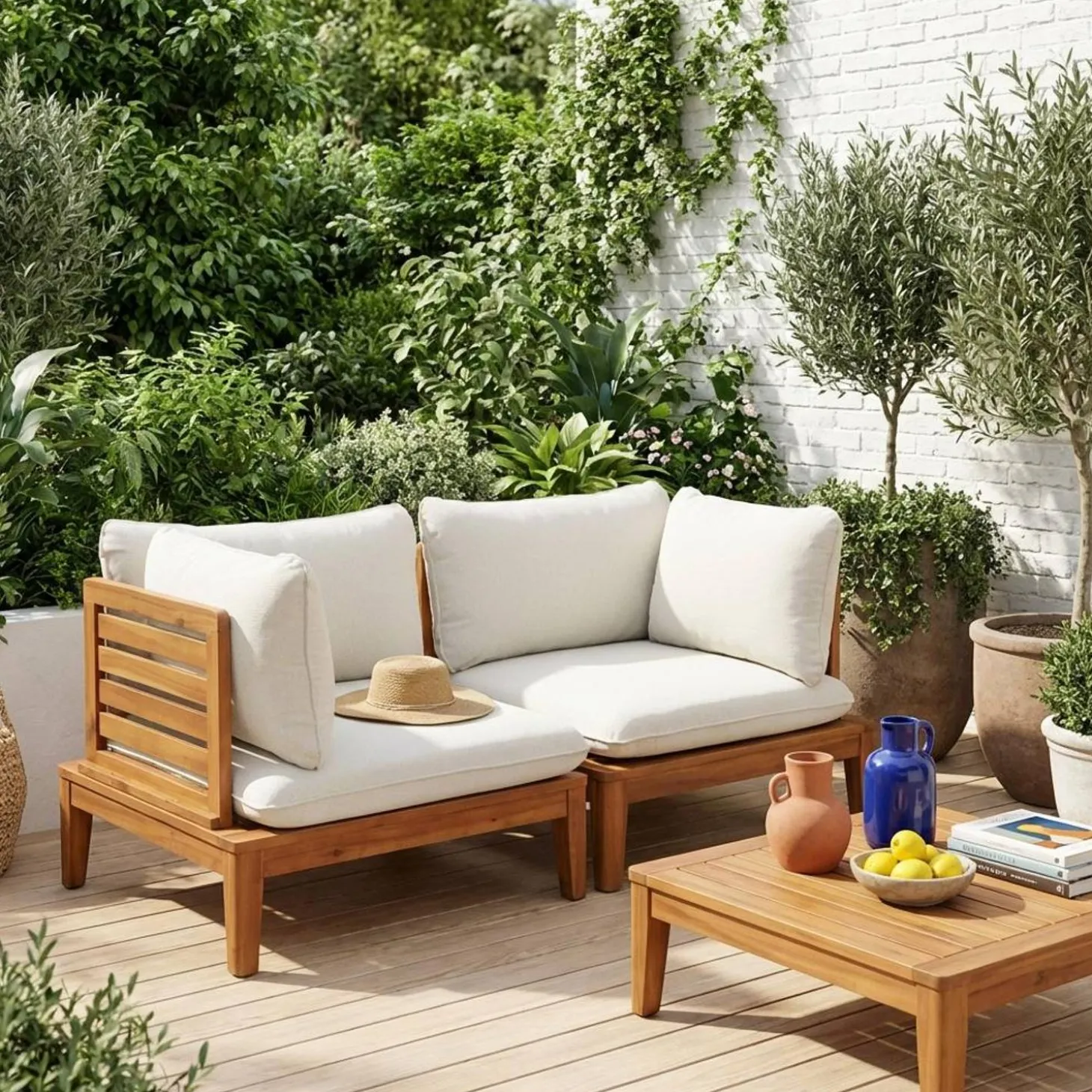 Modulaire 2-zits tuinbank van hout en bouclé-effect met armleuningen