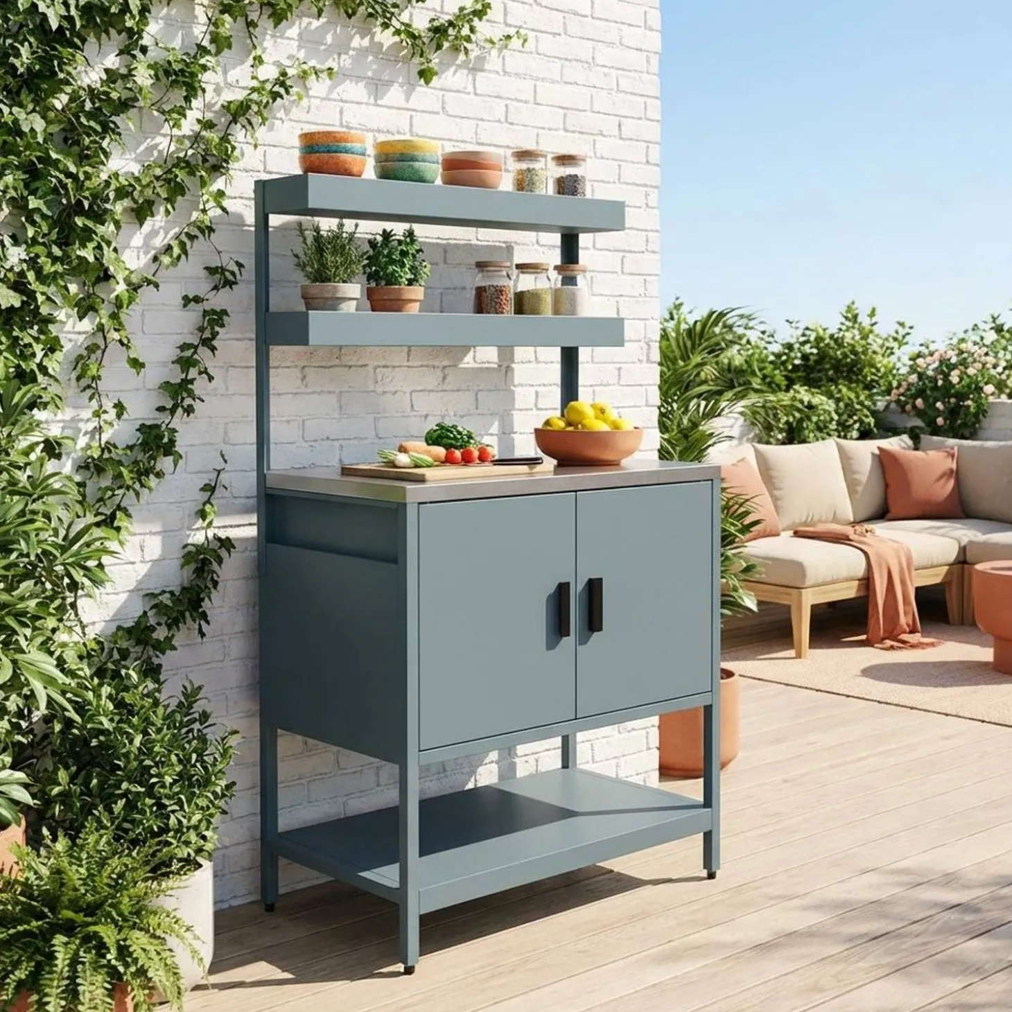 Module buitenkeuken met 2 deuren en 2 hangende planken staal L80cm
