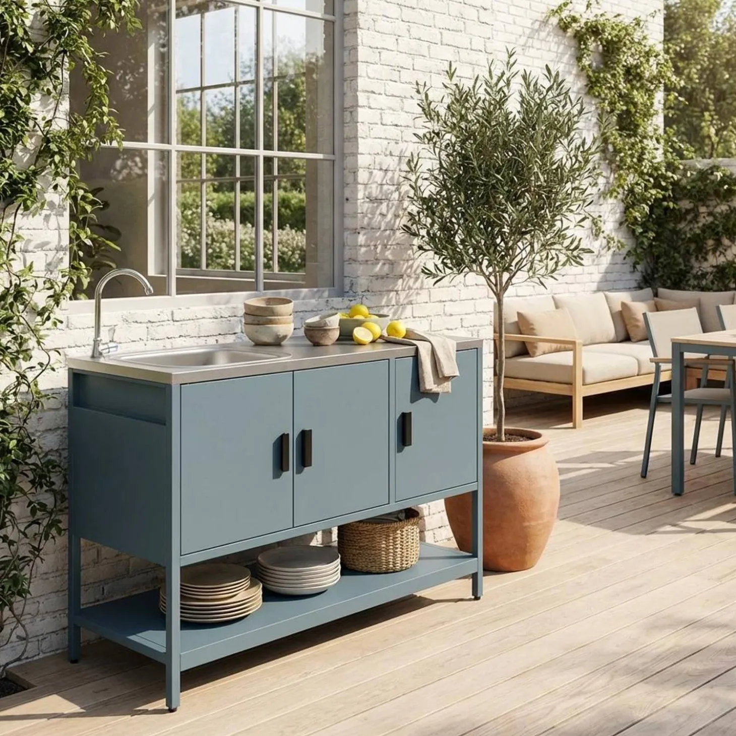 Module buitenkeuken met gootsteen 3 deuren en 1 plank staal L120cm