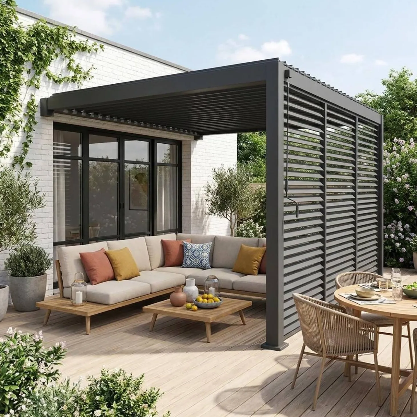 Muurpergola met lamellendak 4x3m met 3 lamellenwanden 130cm