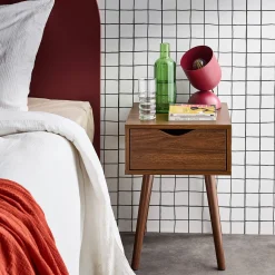 Nachtkastje in walnootkleurig hout, 1 lade (set van 2)