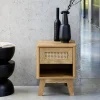 Nachtkastje met lade en vak, houtdecor en rieteffect