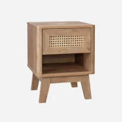 Nachtkastje met lade en vak, houtdecor en rieteffect