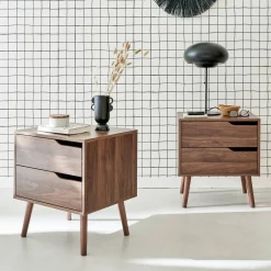 Nachtkastje van walnoot gebeitst hout, 2 laden (set van 2)