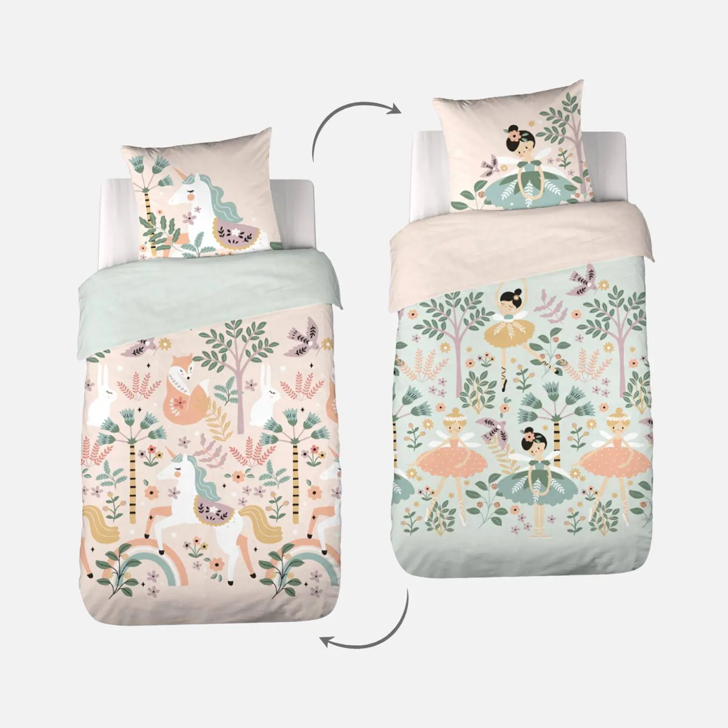 Omkeerbare dekbedset 1-persoons met eenhoorn/dans thema 140x200cm