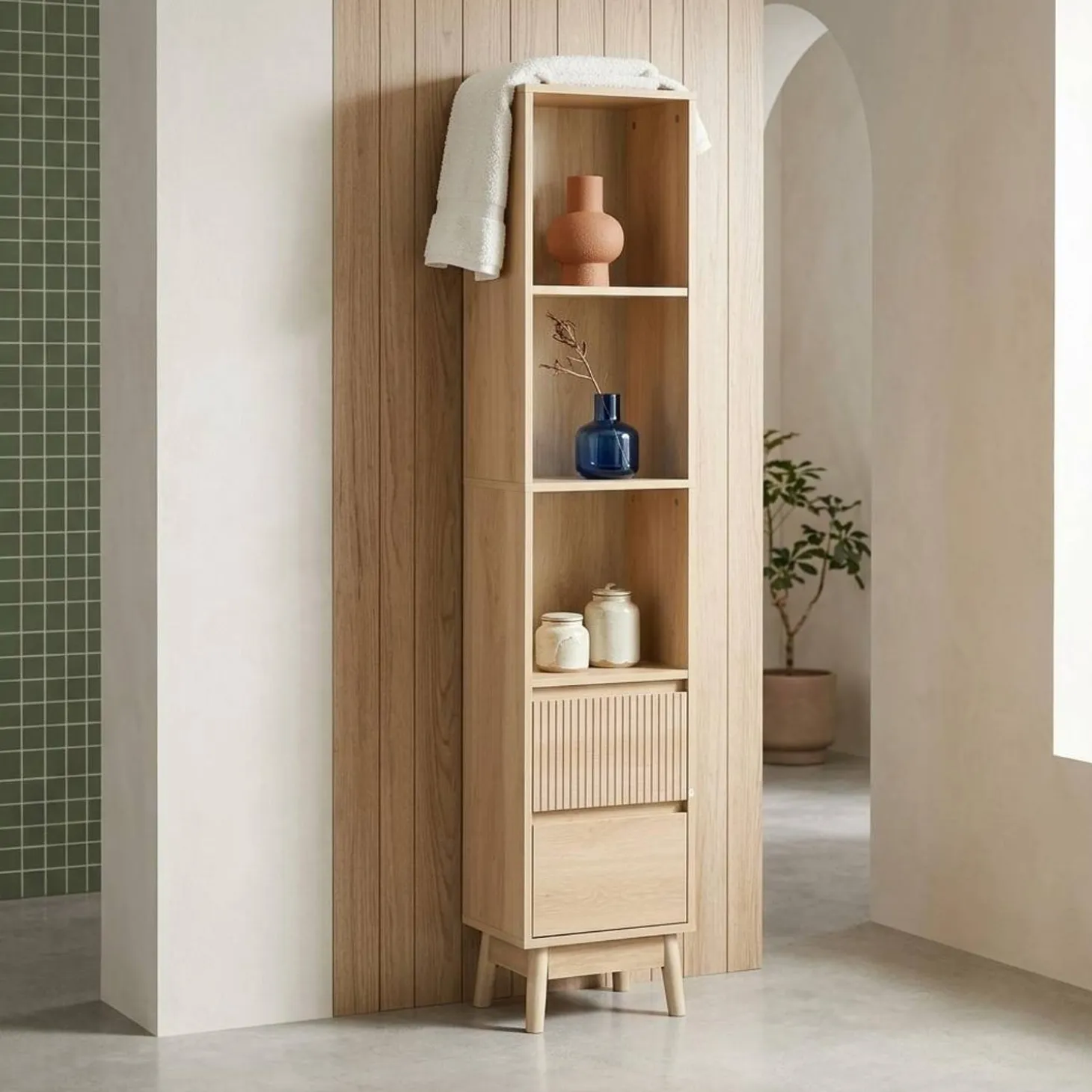 Opbergkolom met houtdecor 3 planken 2 lades