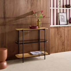 Open kastje met 3 niveaus metaal houtdecor en gehard glas