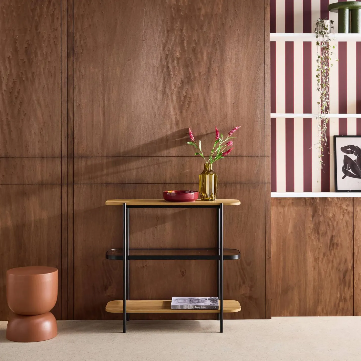 Open kastje met 3 niveaus metaal houtdecor en gehard glas