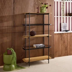 Open kast met 5 niveaus metaal houtdecor en gehard glas