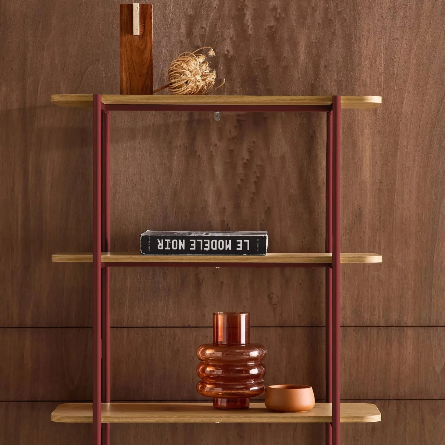 Open kast 6 niveaus gebogen metaal en houtdecor