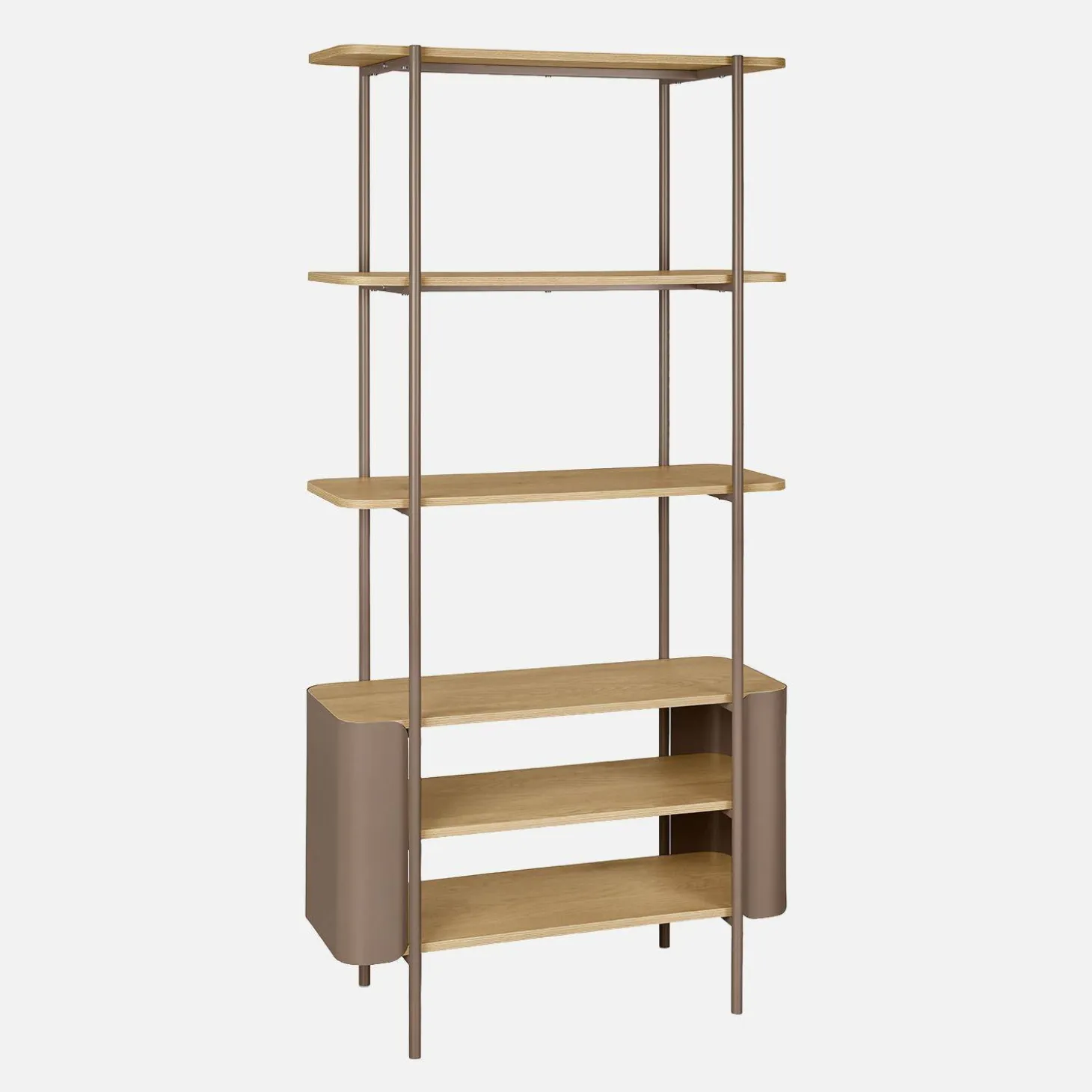Open kast 6 niveaus gebogen metaal en houtdecor