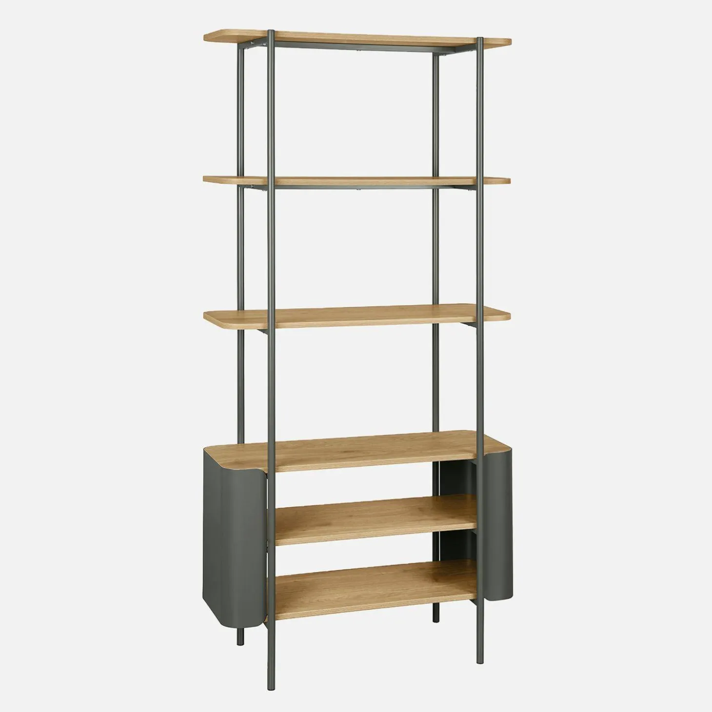 Open kast 6 niveaus gebogen metaal en houtdecor