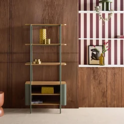 Open kast 6 niveaus gebogen metaal en houtdecor