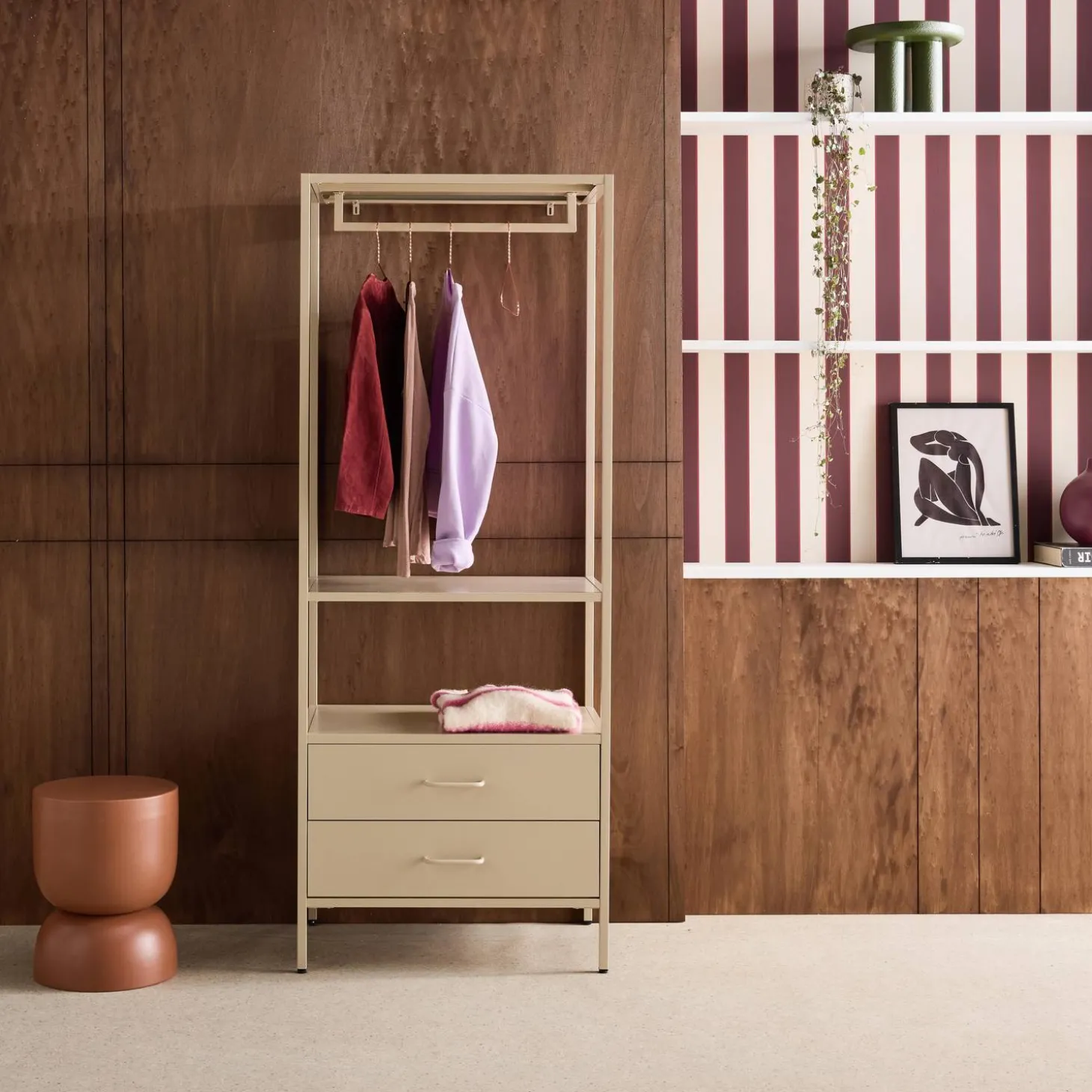 Open metalen kast met hangruimte open vak en 2 lades 70cm