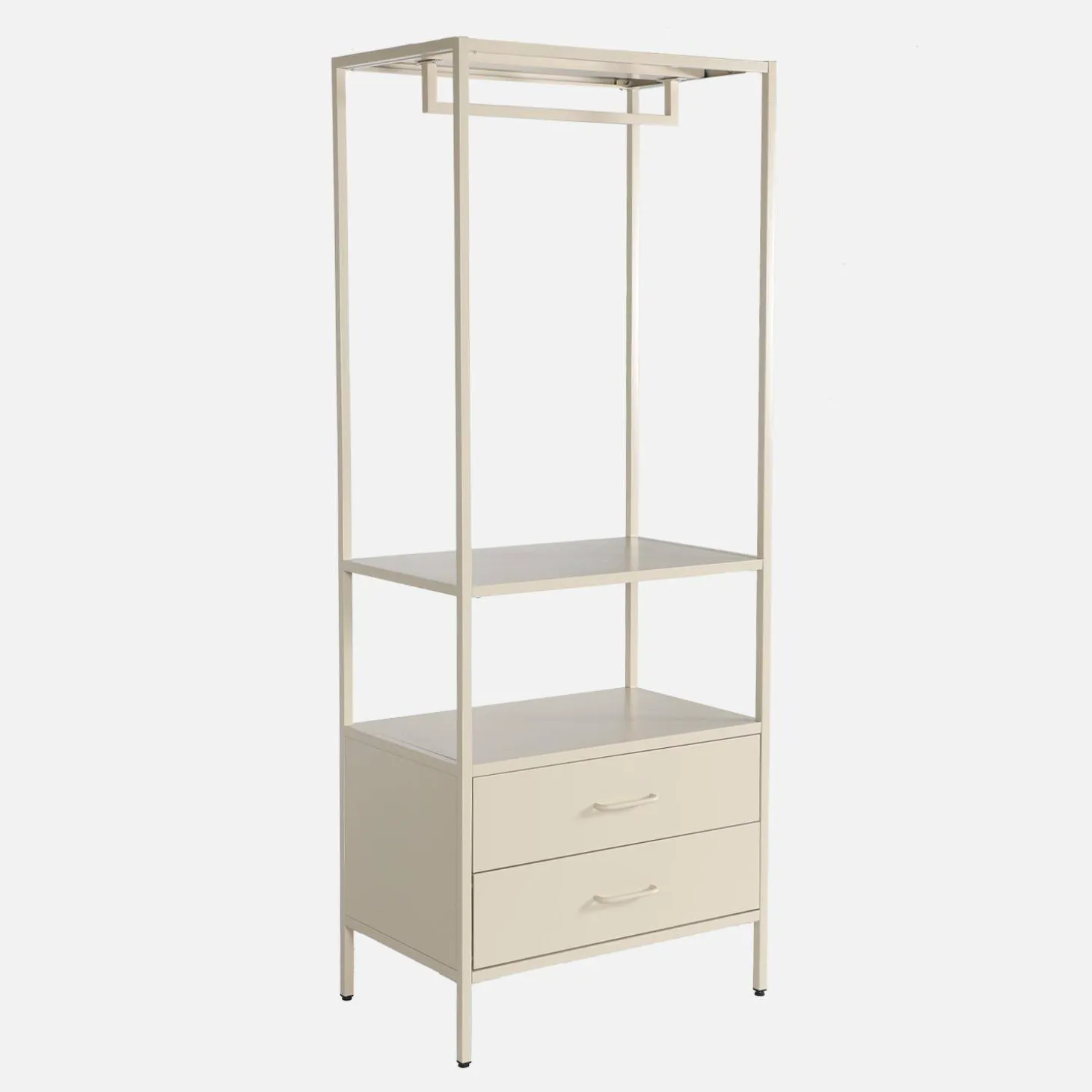 Open metalen kast met hangruimte open vak en 2 lades 70cm
