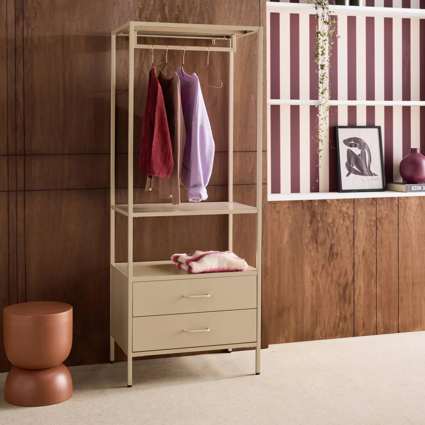 Open metalen kast met hangruimte open vak en 2 lades 70cm