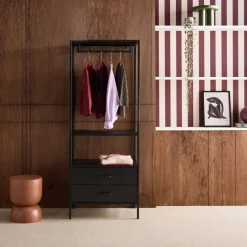 Open metalen kast met hangruimte open vak en 2 lades 70cm