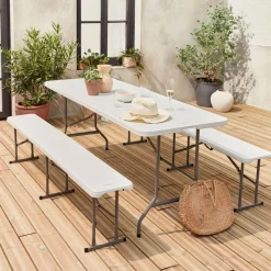 Opklapbare kunststof receptietafel + bank