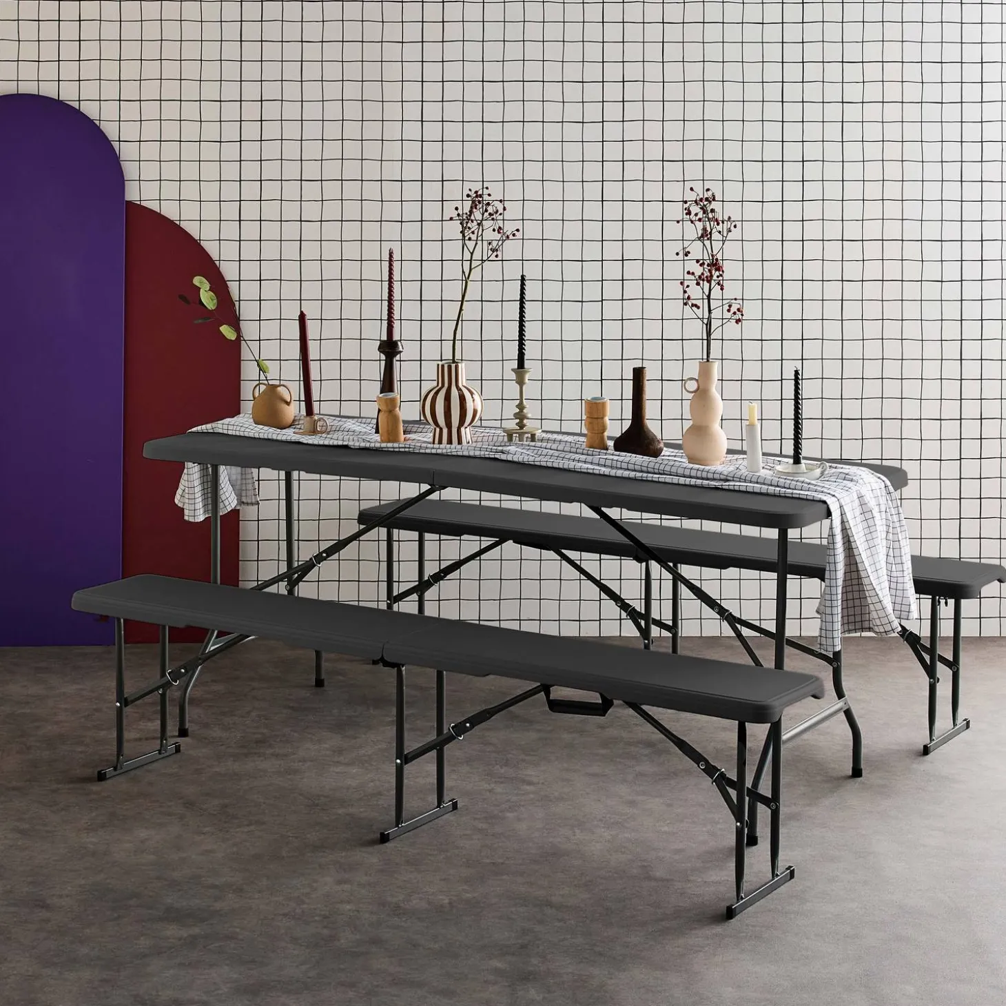 Opklapbare kunststof receptietafel + bank