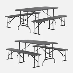 Opklaptafel van staal met 2 banken (set van 2)