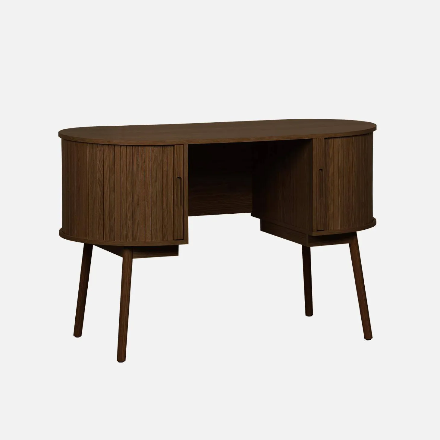 Ovaal bureau met gegroefd houteffect en twee opbergruimtes, L 120cm