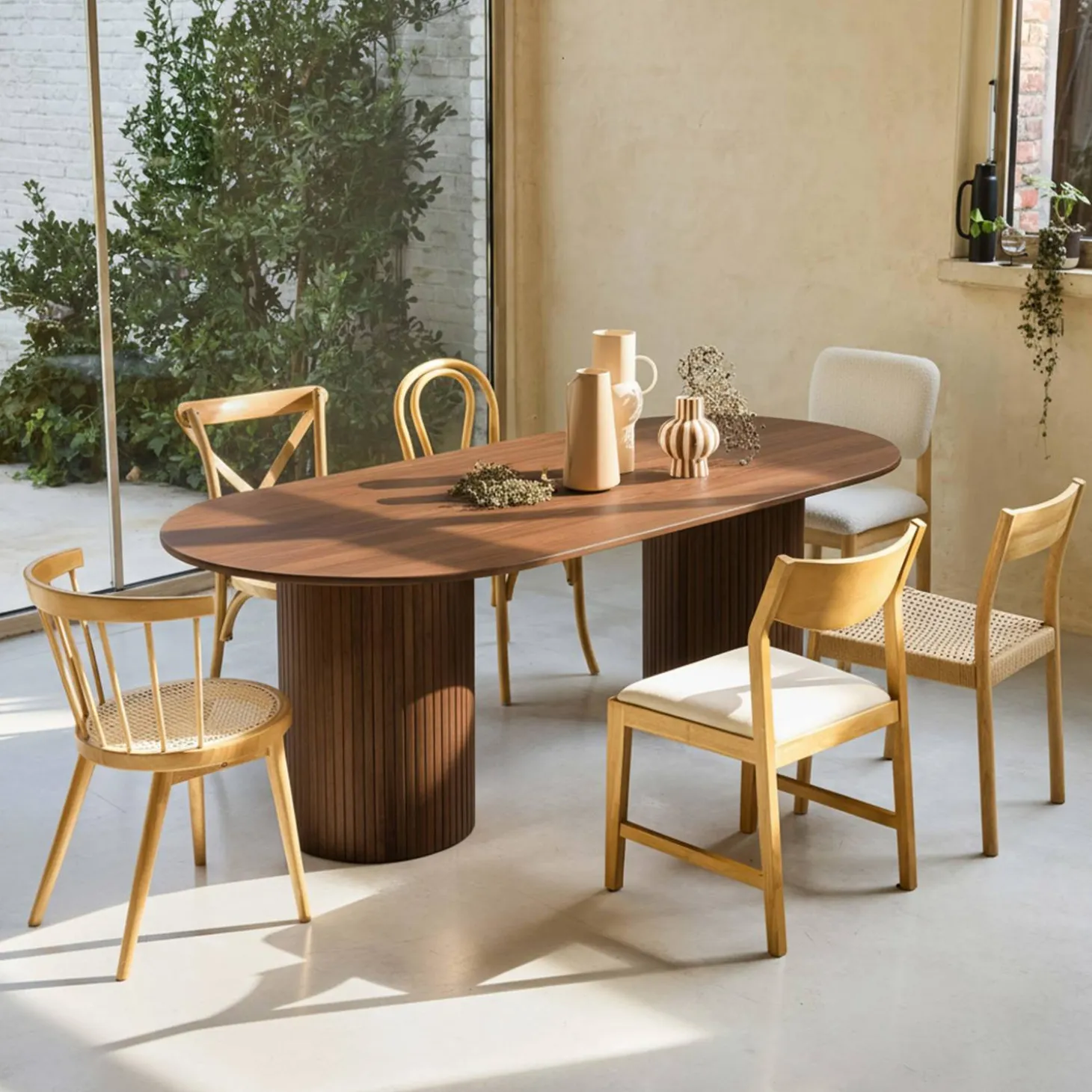 Ovale eettafel rubberhout en eikenfineer 8 plaatsen