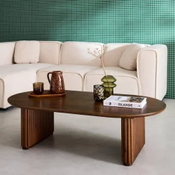 Ovale salontafel rubberhout met eikenfineer
