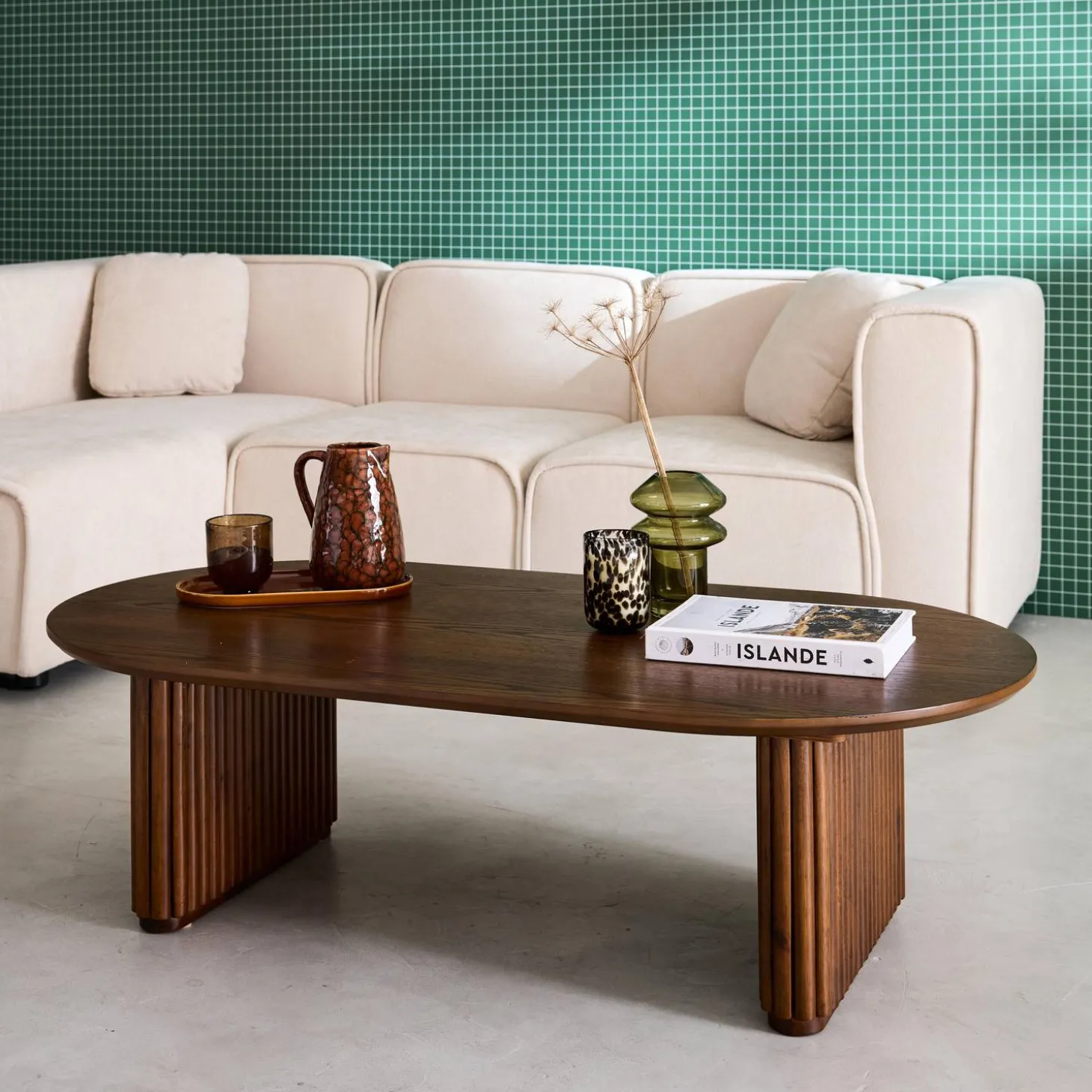 Ovale salontafel rubberhout met eikenfineer