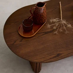 Ovale salontafel rubberhout met eikenfineer